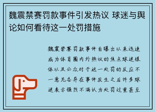 魏震禁赛罚款事件引发热议 球迷与舆论如何看待这一处罚措施
